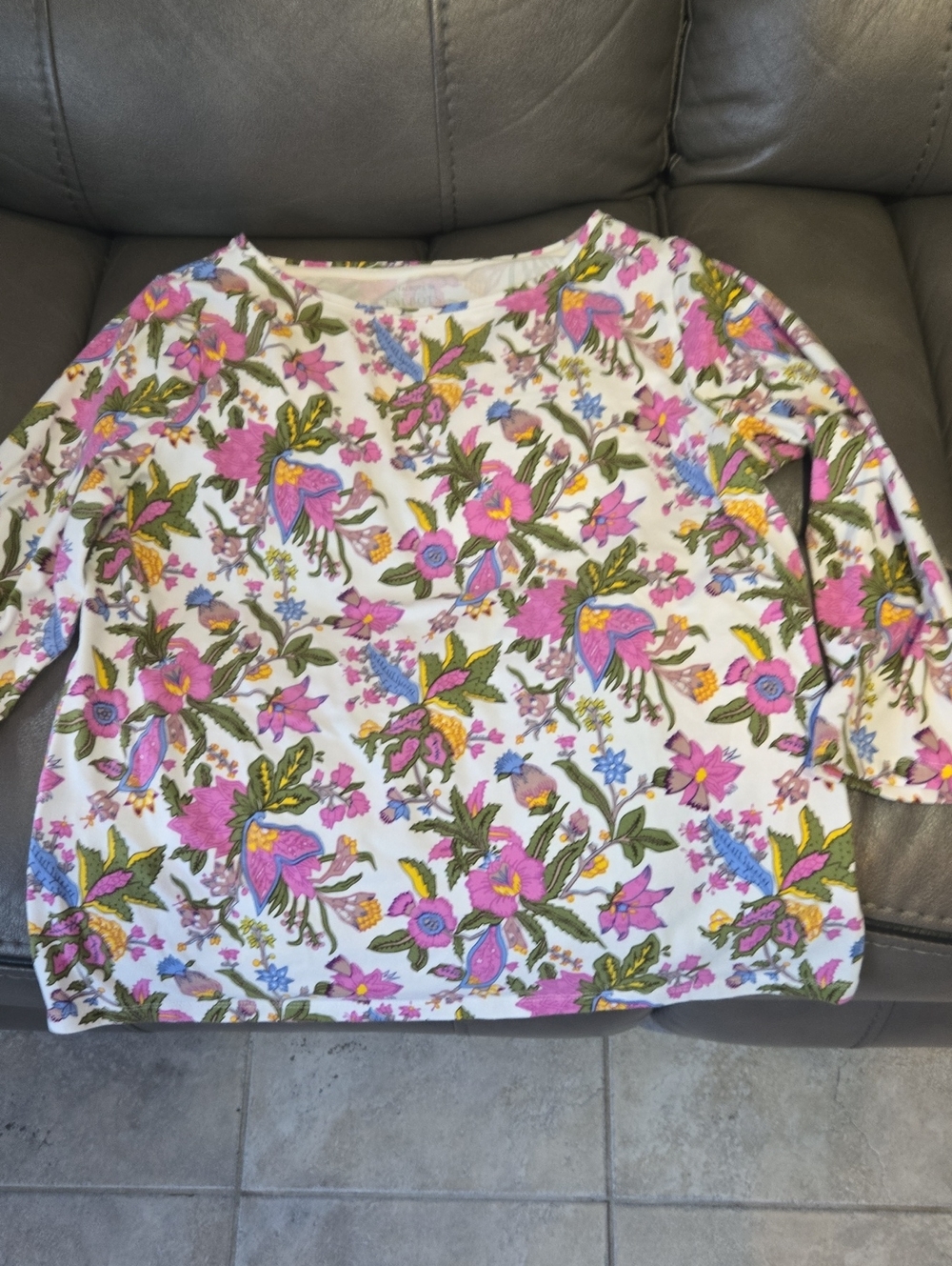 Talbots Floral Crewneck Top in White, Pink, Green